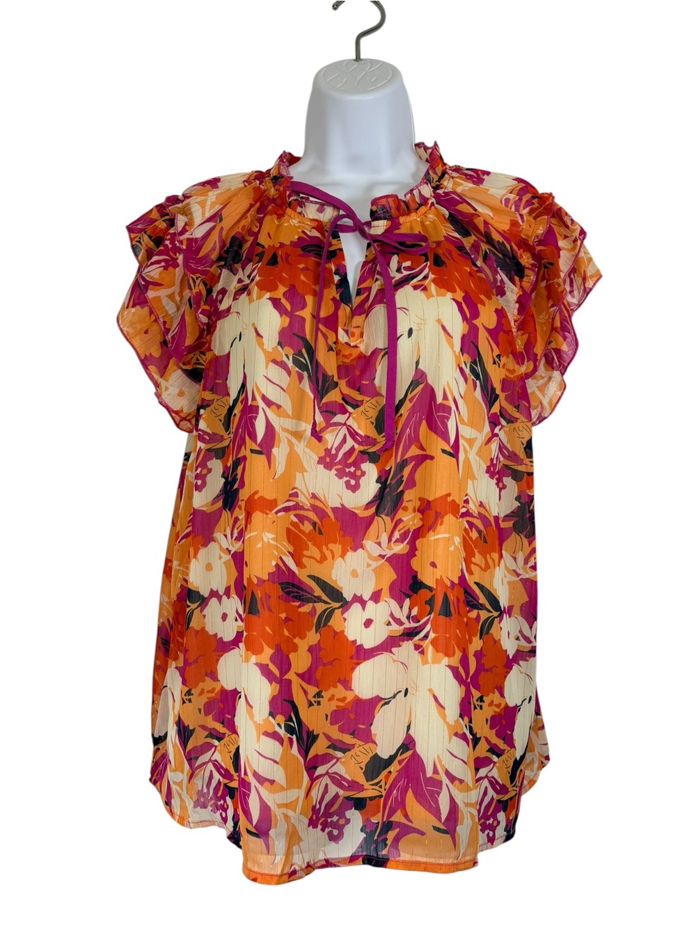 Umgee Floral Flutter Sleeve Blouse Women’s Large Boho Metallic Stripe Lined Top